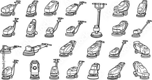 Cleaning Industry Floor Buffers and Polishers Line Art Vector Icon Set. Commercial Floor Scrubbers and Maintenance Machines Outline Illustrations.