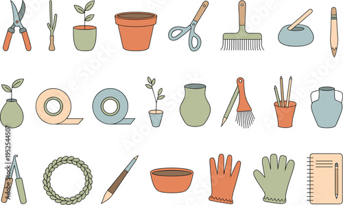 Gardening and crafting tool icon collection featuring pruning shears, plants, pots, rake, gloves, wreath, notebook, and accessories, perfect for DIY projects, home decor, and creative design.Gardening