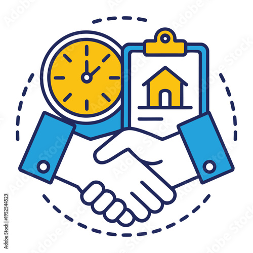 Illustration of a business handshake symbolizing a real estate deal or property agreement with a clock for time management and a house icon on a clipboard.