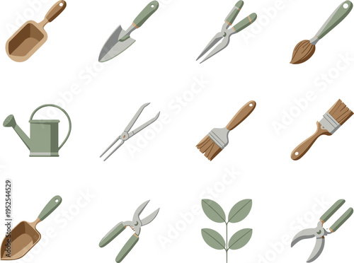 Gardening and painting tool icon collection featuring trowels, shears, watering can, paintbrushes, and leafy plant, perfect for home improvement, landscaping, DIY projects, and creative design.Gardeni