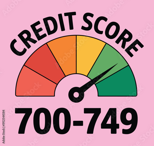 A graphic illustration of a credit score meter indicating a good score range of 700-749 on a pink background.