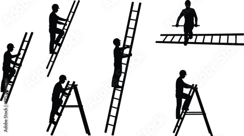 Construction worker ladder silhouettes collection, climbing carrying and positioning ladders, maintenance repair and height safety activities vector illustration isolated on white background