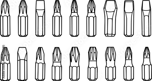 Black and White Line Art Vector Illustration of Various Screwdriver Bits for Construction, DIY, Hardware, and Industrial Tool Sets