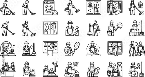 Cleaning Services Housekeeping Line Art Icons Set. Outline Vector Illustrations of Professional Cleaners, Domestic Housework Activities, and Cleaning Tools.