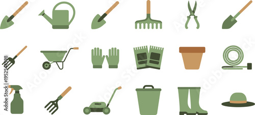 Gardening tool and accessory icon collection featuring trowels, watering can, rake, shears, wheelbarrow, gloves, hose, lawn mower, boots, and sun hat for landscaping and DIY projects.Gardening tool an