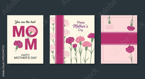 Set of Happy Mother's Day Greeting Card Templates with Pink Carnations and Elegant Calligraphy