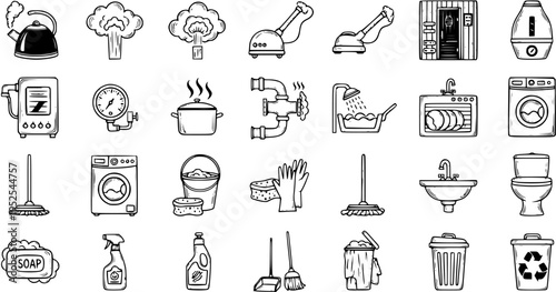 Black and White Line Art Icons of Household Appliances and Cleaning Supplies