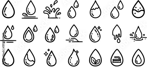 Black and White Line Art Water Drop Icons for Liquid, Hydration, Environment, and Cleaning Concepts