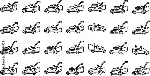 Gardening and Landscaping Vector Outline Icons: Set of Black and White Line Art Lawn Mowers and Grass Cutters