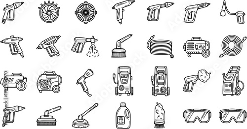 Pressure Washing and Cleaning Equipment Line Art Icons - Hand Drawn Doodle Vector Set for Home and Automotive Maintenance