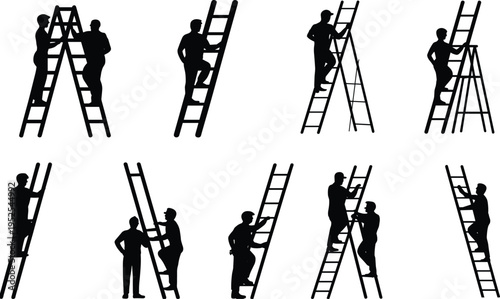 Construction worker silhouettes climbing ladders, teamwork and maintenance tasks, industrial labor set, builders with tools, ladder work activities vector illustration collection