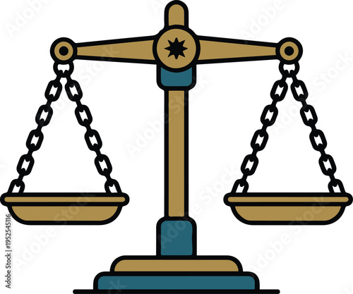 Flat vector illustration of a classic balance scale with a gold and teal color scheme, featuring two hanging pans on chains, symbolizing justice, equality, and fair judgment in a clean cartoon style.