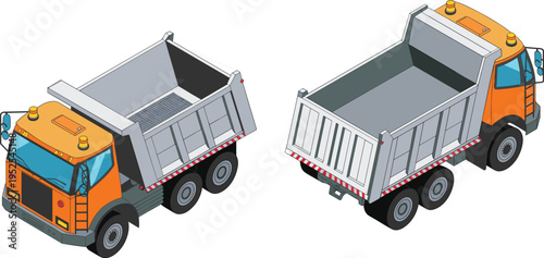 Isometric Orange Dump Truck Vector Illustration Set Showing Front and Rear Views for Construction Industry Logistics Building Site Heavy Machinery and Transport Supply Chain Projects