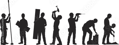 Construction worker silhouettes collection with tools, builders drilling hammering carrying planks digging soil, industrial labor workforce concept vector illustration isolated on white background