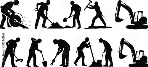 Construction worker silhouettes collection with tools and excavator, manual laborers cutting, digging, hammering, drilling, industrial work set vector illustration isolated background