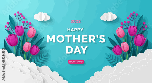 Happy Mother's Day Greeting Card Background with Paper Cut Style Pink Tulips, White Clouds and Floral Elements on Turquoise Background