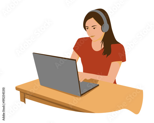 Woman Talking on Phone with Laptop – Customer Support Work Vector Illustration