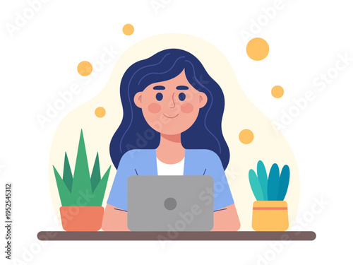 Woman Working on Laptop Illustration – Modern Home Office Workspace Vector
