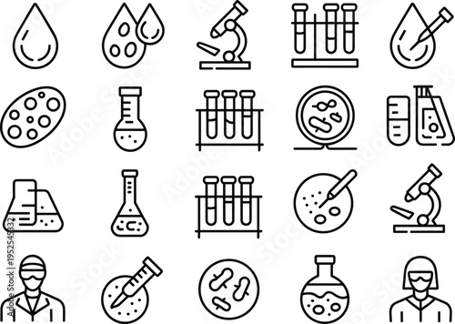 Laboratory Research and Science Line Icon Set Featuring Microscope Test Tubes Petri Dishes Scientists and Medical Biotechnology Symbols