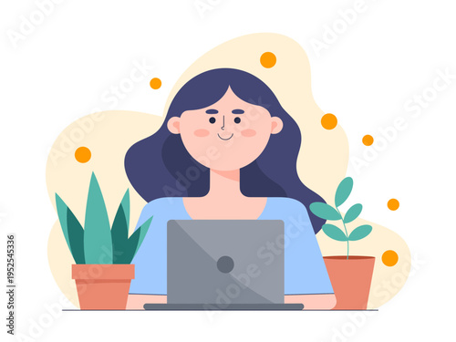 Woman Working on Laptop Illustration – Modern Home Office Workspace Vector