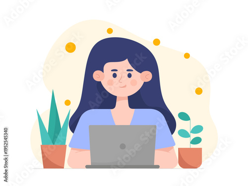 Woman Working on Laptop Illustration – Modern Home Office Workspace Vector