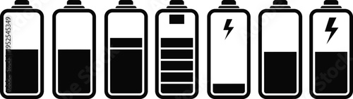 Battery level icon set collection, charge status indicators, energy power symbols, minimalist design, modern vector illustration for technology, mobile, and charging concepts