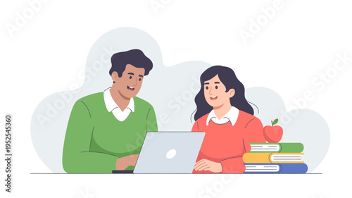 Students Studying with Laptop – Online Learning Education Vector Illustration