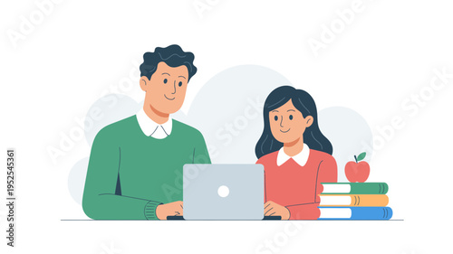 Students Studying with Laptop – Online Learning Education Vector Illustration