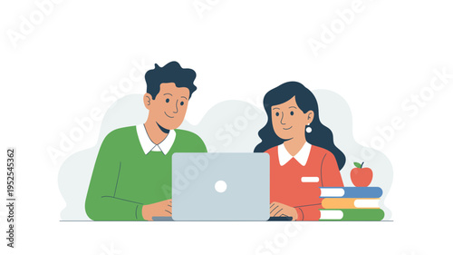 Students Studying with Laptop – Online Learning Education Vector Illustration
