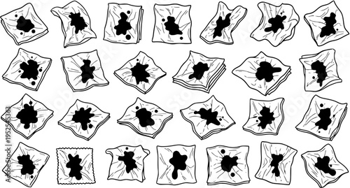 Black and White Line Art of Stained Cloth Wipes, Stock Vector Asset
