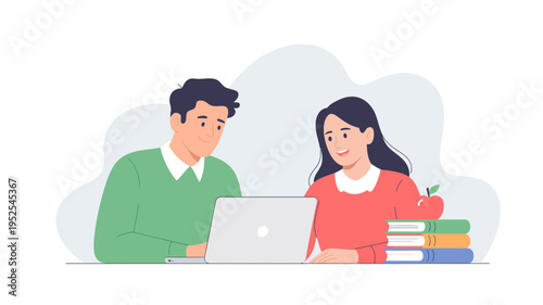 Students Studying with Laptop – Online Learning Education Vector Illustration