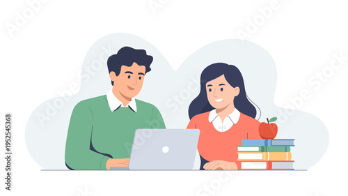 Students Studying with Laptop – Online Learning Education Vector Illustration