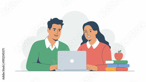 Students Studying with Laptop – Online Learning Education Vector Illustration