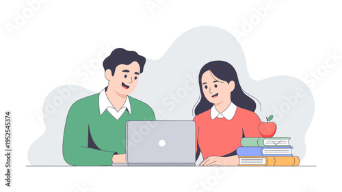 Students Studying with Laptop – Online Learning Education Vector Illustration