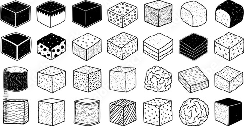 Black and White Line Art Food Icons: Diverse Sweets, Candies, Pastries, and Desserts