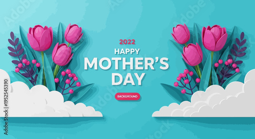 3D Paper Cut Happy Mother's Day Greeting Background with Pink Tulips and Clouds on Blue