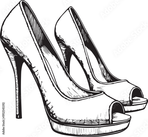 Black and white high heel peep toe stiletto platform shoes detailed sketch vector illustration for fashion design