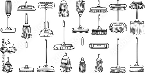 Black and White Line Art Vector Set of Various Cleaning Mops, Brooms, and Brushes. Hand-Drawn Outline Doodle Collection of Household Cleaning Tools and Equipment.