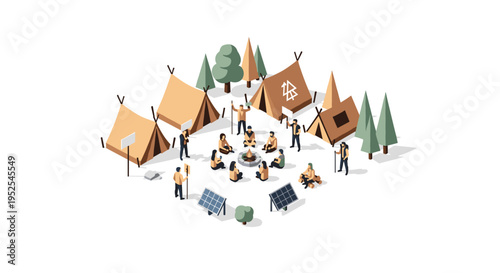 People gather around a campfire at an isometric campsite with tents, trees, and solar panels.