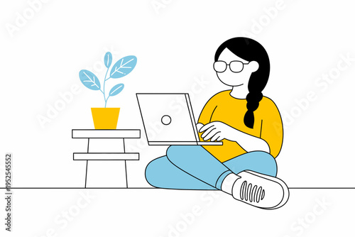 Woman Working on Laptop at Home – Cozy Remote Work Vector Illustration