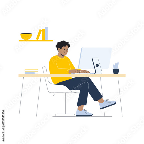 Remote Work Woman at Desk – Home Office Productivity Vector Illustration