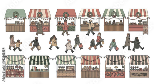 Christmas Market Stalls with Shoppers, Festive Winter Scene, Pixel Art Style