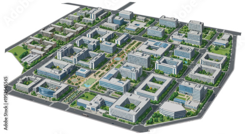 Modern Urban Development Aerial View: Sustainable Cityscape with Green Spaces and Contemporary Architecture