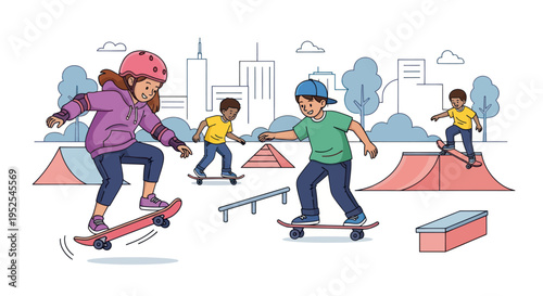 Diverse kids skateboarding and having fun in a city skatepark with ramps and rails.
