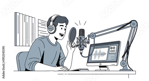 Man Recording Podcast with Microphone and Headphones in Studio