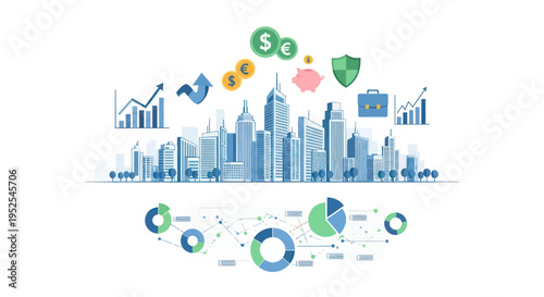 Financial Cityscape with Investments, Growth Charts, and Security Icons