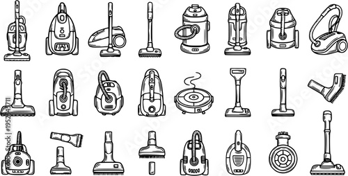 Hand-Drawn Vacuum Cleaner Types Line Art Collection. Household Cleaning Appliance Icons Set in Black and White Doodle Style for Home and Commercial Maintenance.