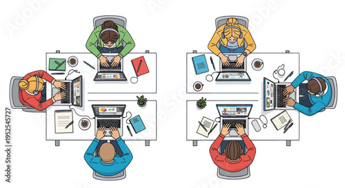 Diverse team collaborating at desks with laptops, top-down view