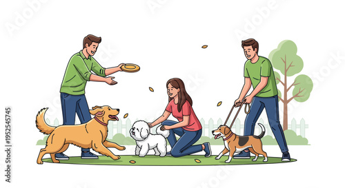 Happy people playing with dogs in a park, enjoying outdoor leisure time.
