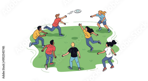 Diverse group of friends playing frisbee in a park, enjoying outdoor activity and recreation.